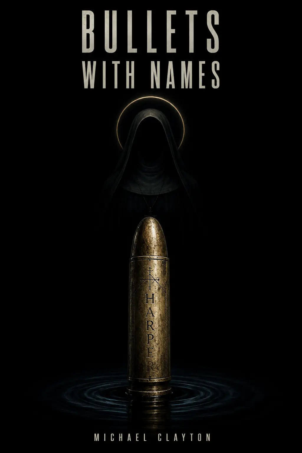Bullets With Names cover: a faceless hooded figure behind an engraved brass bullet standing in dark water